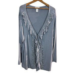 Midnight Velvet Cardigan Top 3X Gray Lace Ruffle Knit V-Neck Long Sleeve‎ Womens